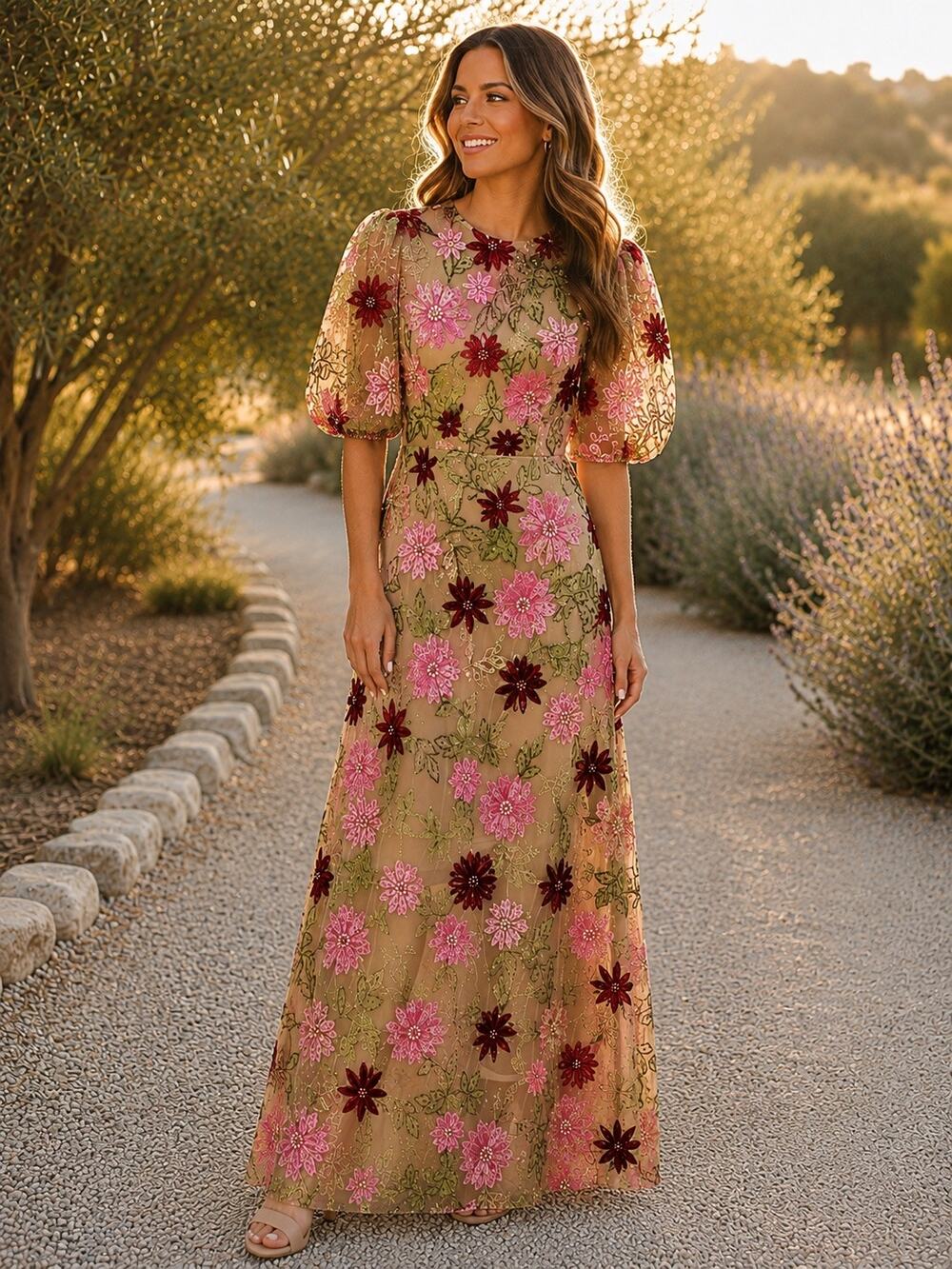 Mac Duggal 6125 Nude Multi Floral Beaded Mesh Puff Sleeve Formal Gown 4 NWT